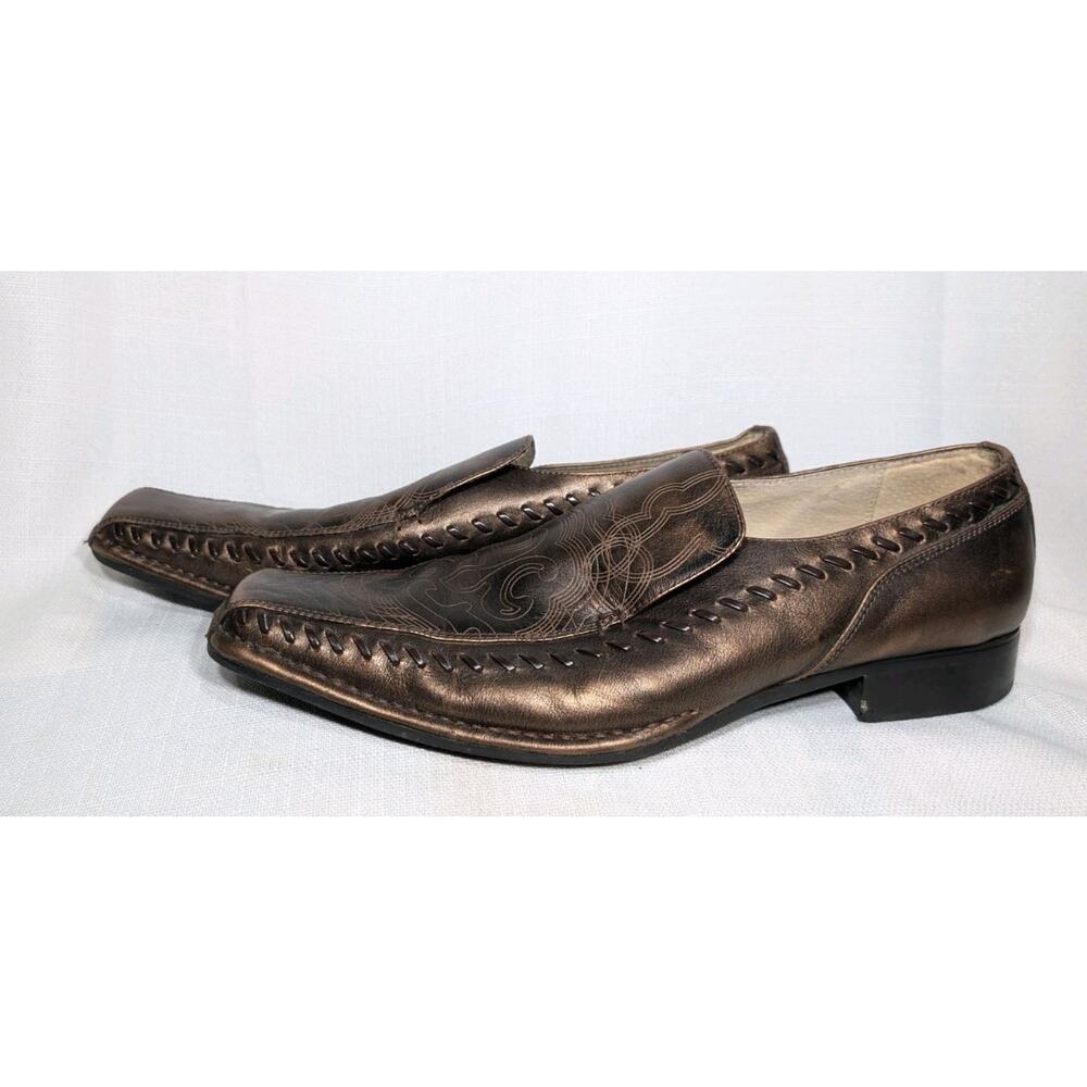 Stacy Adams Mens Western Leather Loafers 11.5 Brown Square Toe Bronze Metallic‎